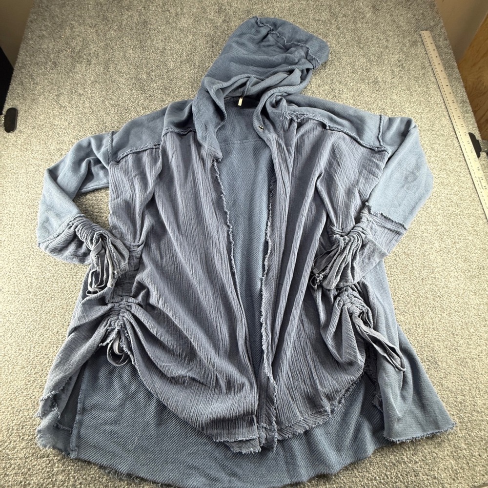 Free People Dusty Blue Hooded Open Front Cinch Side Gauze Cardigan Small